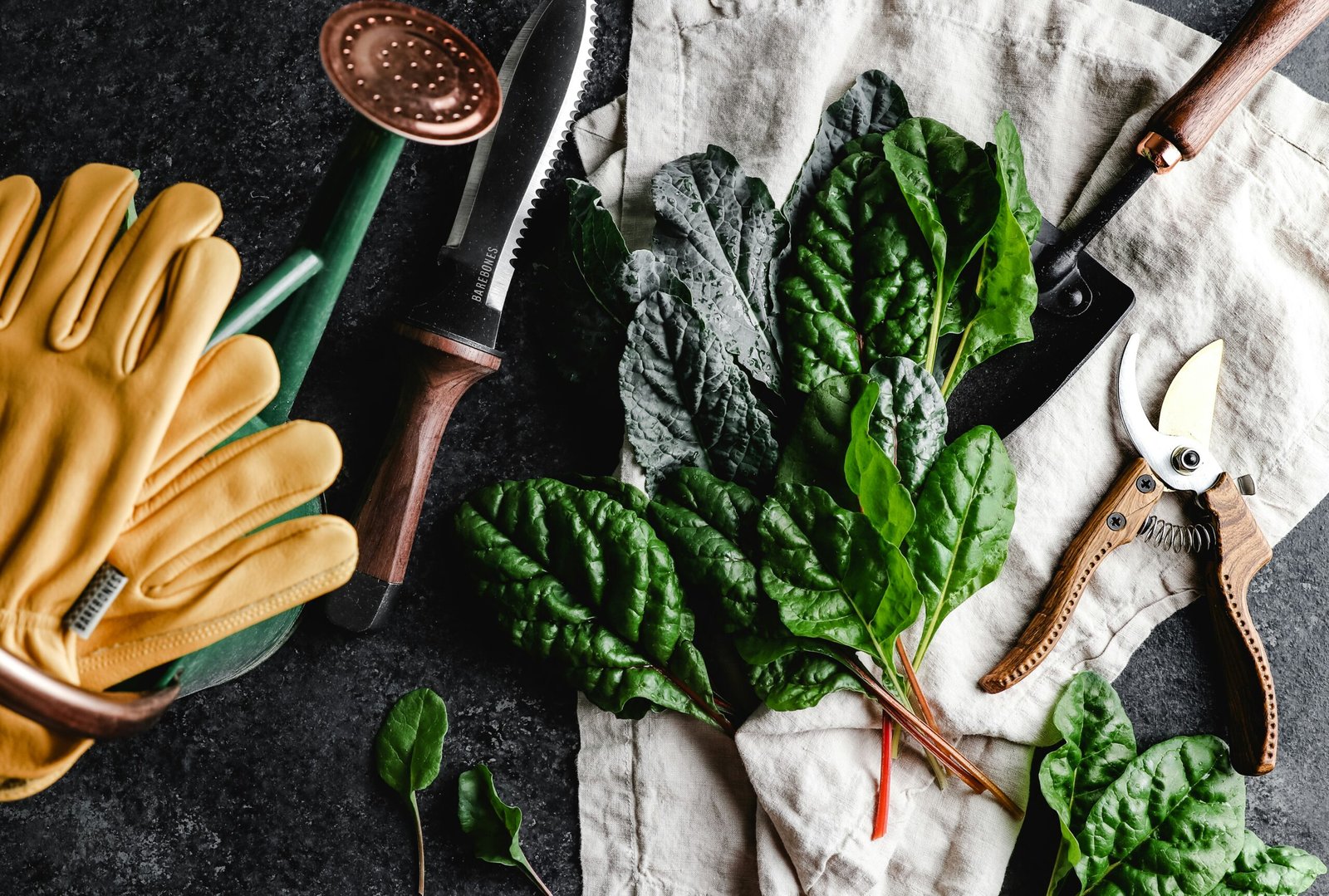 green leaves beside brown wooden rolling pin